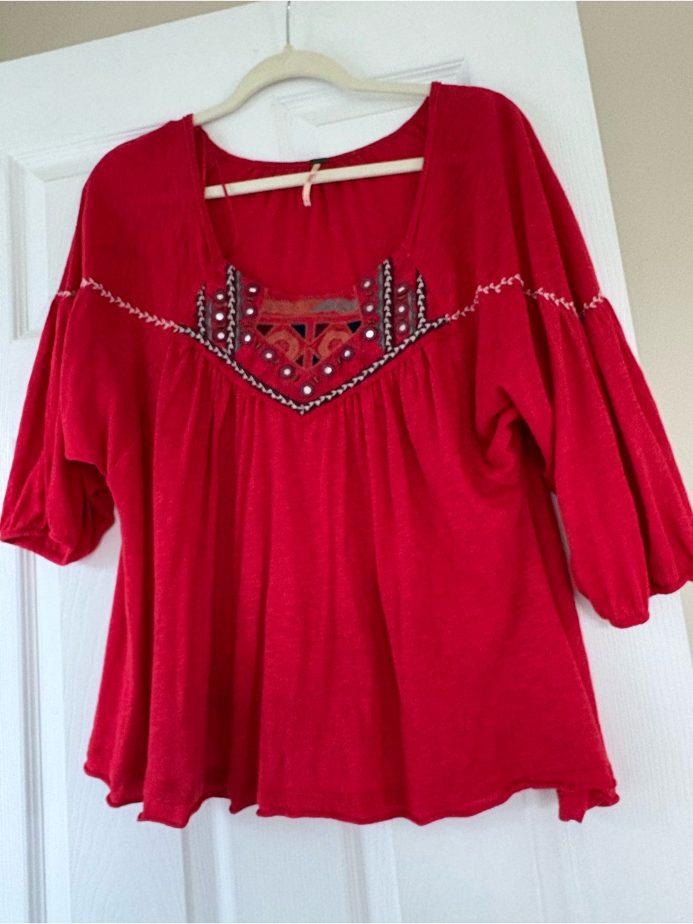 Free People Red Embroidered Peasant Tunic